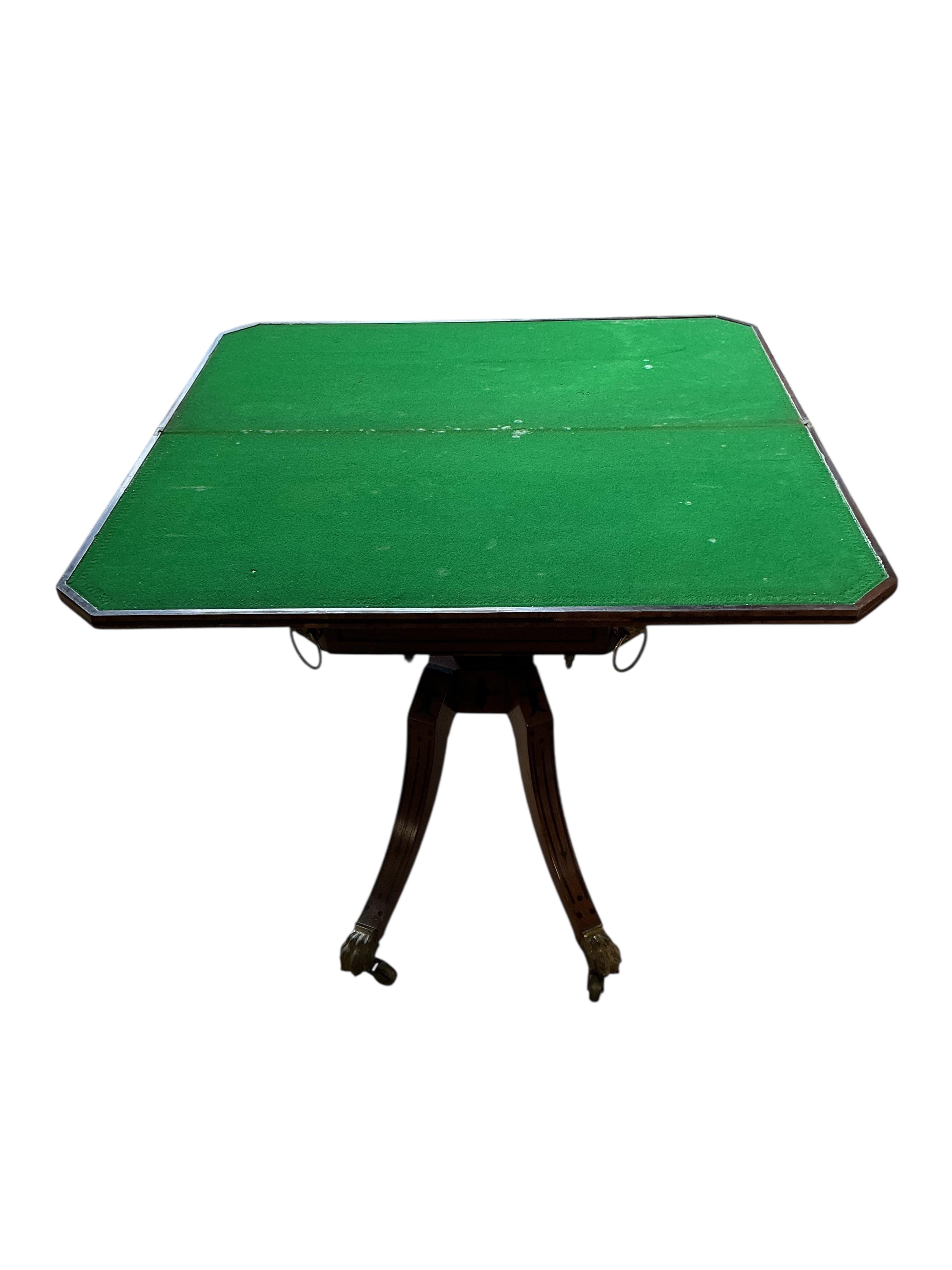 A Regency ebony inlaid rectangular mahogany folding card table, width 91cm, depth 45cm, height 74cm